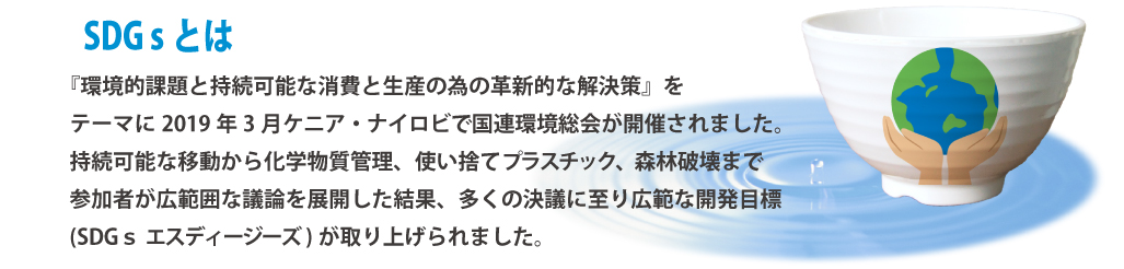 SDGsとは 環境的課題と持続可能な消費と生産のための革新的な解決策をテーマに2019年3月ケニア・ナイロビで国連環境総会が開催されました。
持続可能な移動から化学物質管理、使い捨てプラスチック、森林破壊まで参加者が広範囲な議論を展開した結果、
多くの議決に至り広汎な開発目標（SDGs エスディージーズ）が取り上げられました。