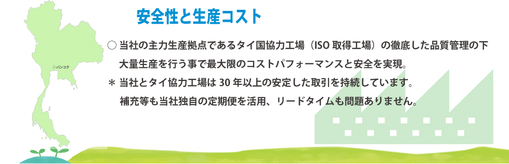 安全性と生産コスト
・当社の主力生産拠点であるタイ国協力工場（ISO取得工場）の徹底した品質管理の下、大量生産を行う事で最大限のコストパフォーマンスと安全を実現
！当社とタイ協力工場は30年以上の安定した取引を持続しています。
補充等も当社独自の定期便を活用、リードタイムも問題ありません。